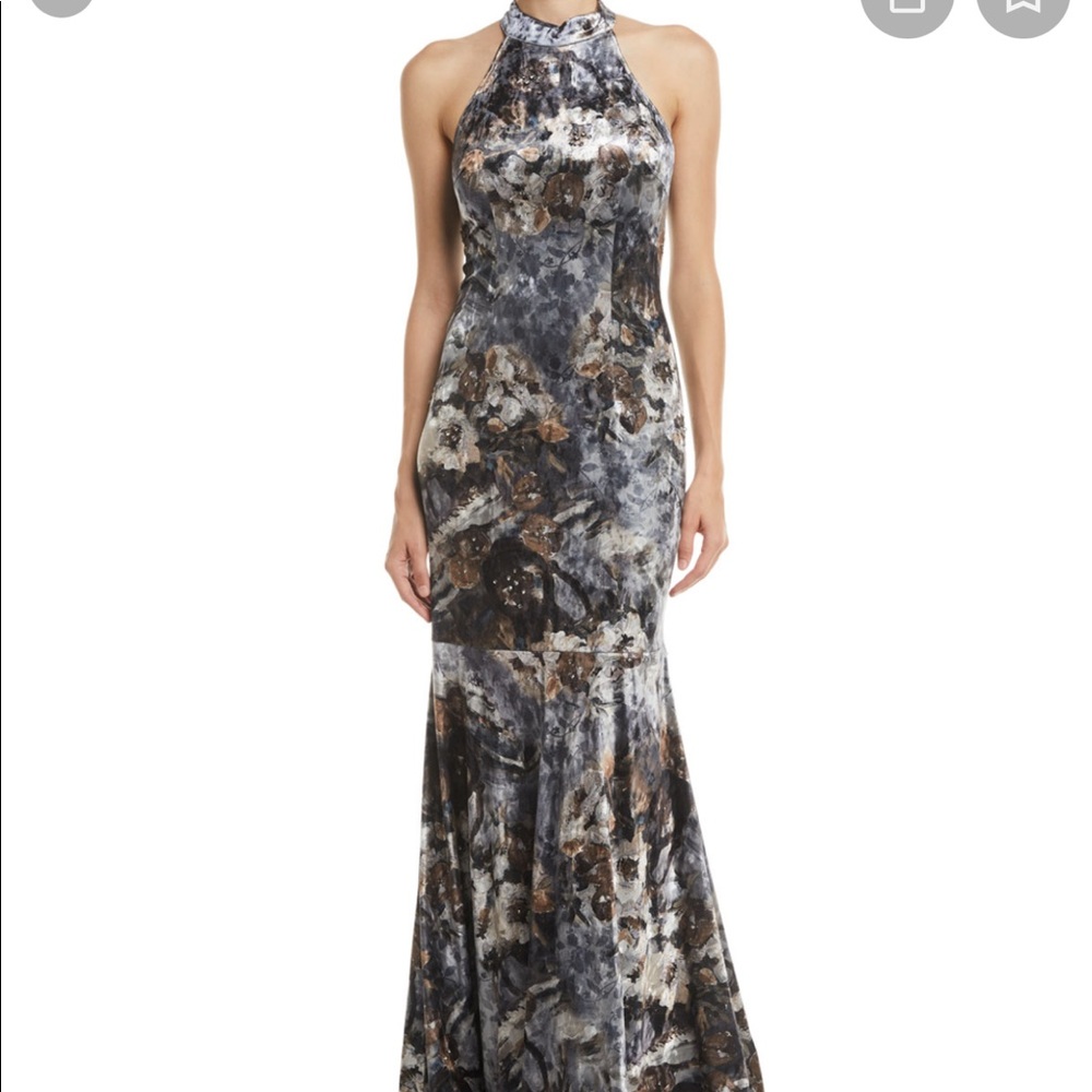 Jovani Devore Floral Velvet Halter Gown